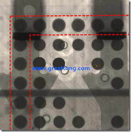 BGA錫球尺寸小于0.4mm，采用降低BGA內(nèi)圍襲球的錫膏量所得到X-Ray，稍微留意一下可以發(fā)現(xiàn)最外圈的錫量(圓的直徑)比其他內(nèi)圍的錫球上的錫量來(lái)得多一點(diǎn)點(diǎn)。也就是外圈的黑色圓形直徑比內(nèi)圈的圓形來(lái)得大一點(diǎn)點(diǎn)。