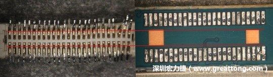 把板對板連接器與其電路板的佈線焊墊作一個(gè)比較，端子的切斷面有毛邊的地方剛好對到了裸銅區(qū)。