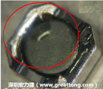 使用錫(Sn)鍍層的電源電感器(Power Inductors)，經(jīng)過推力測(cè)試后，其焊點(diǎn)還保留在零件的端點(diǎn)上，所以推力比較高。