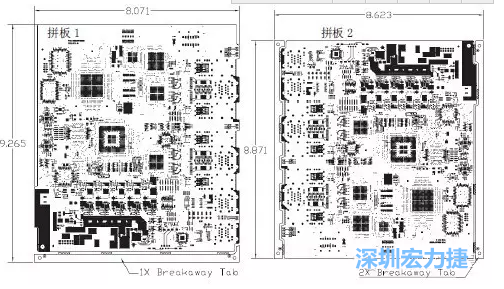 如圖7所示是使用不同數(shù)量邊條的拼板，拼板1僅使用了一個邊條，直接利用PCB另一邊作為SMT工藝傳送邊，并且PCB圖形中有合適的安裝孔；而拼板2則是按常規(guī)設(shè)計了兩個邊條。拼板方式為連接筋。圖中“Breakaway Tab”指邊條-深圳宏力捷