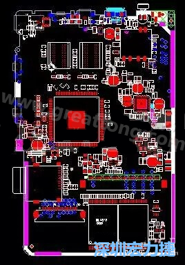 上圖是一個開發(fā)板的PCB，從布局中可以看出各個接口電路分離很明確，SDRAM和DDR以及SD卡接口電路等走線不會造成相互的干擾。-深圳宏力捷