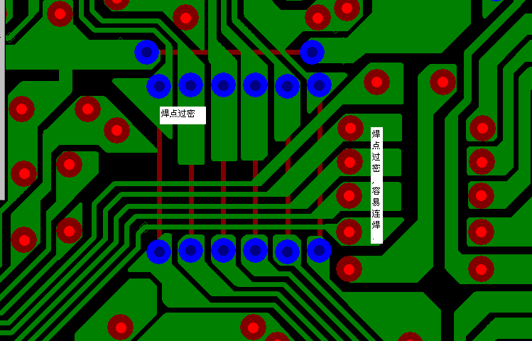 PCB設(shè)計(jì)焊點(diǎn)過密，易造成波峰連焊，焊點(diǎn)間漏電