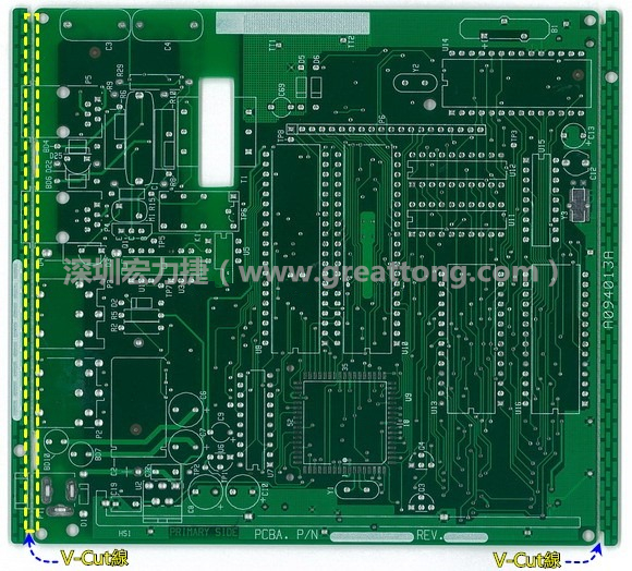 所謂【V-cut】是印刷電路板(PCB)廠商依據客戶的圖紙要求，事先在PCB的特定位置用轉盤刀具切割好的一條條分割線，其目的是為了方便后續(xù)SMT電路板組裝完成后的「分板(De-panel)」之用，因為其切割后的外型看起來就像個英文的【V】字型，因此得名。