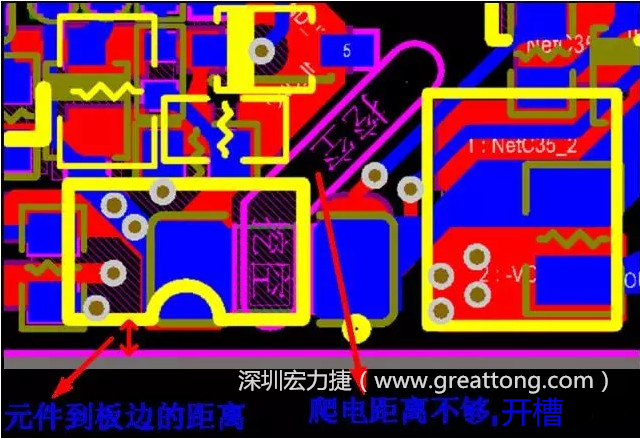 如果碰到模塊PCB空間有限，爬電距離不夠，可以采用開槽的方式