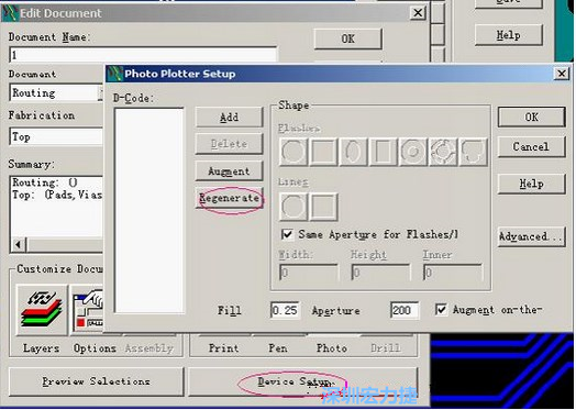 當(dāng)Gerber和鉆孔都設(shè)置完后，選擇一貼片元件較多的層（一般為T(mén)op層），點(diǎn)擊Device SetupPhoto，將 Plotter Setup窗口D-Code欄原有的D碼刪除并按Regenerate重新生成
