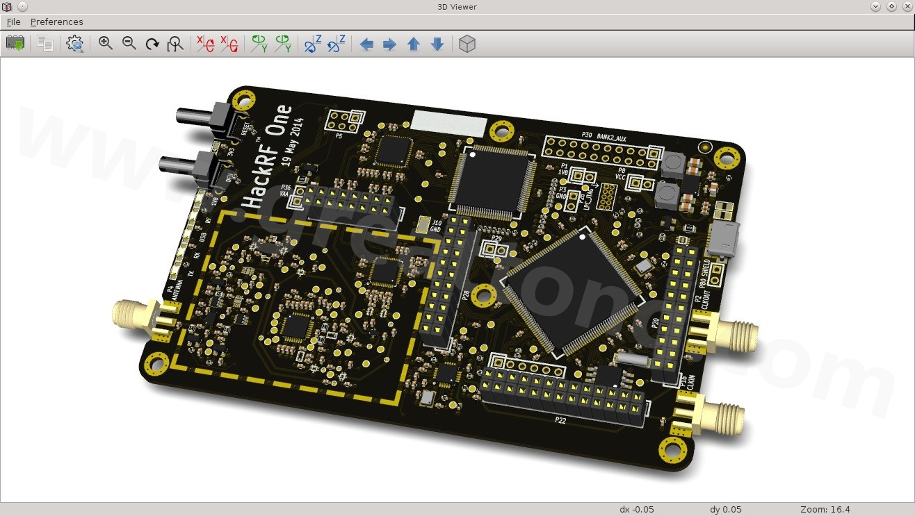 經(jīng)KiCad軟體3D功能渲染過的HackRF One電路板。