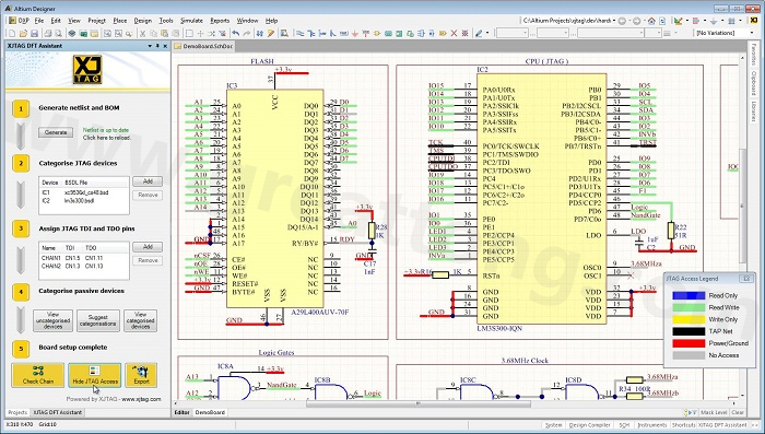 XJTAG DFT Assistant的Access Viewer模式可以清楚地顯示可用的測(cè)試存取層級(jí)，讓電路板設(shè)計(jì)人員在展開PCB布局以前的原理圖擷取階段盡可能地提高測(cè)試存取能力