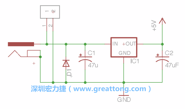 2.5.    新增一個二極體，它會以水平的狀態(tài)出現(xiàn)在屏幕上，請使用「旋轉(zhuǎn)（Rotate）」工具把它負極那一面朝上，并且用「網(wǎng)絡(luò)連接」工具將它連接在電壓調(diào)整器的輸入端和接地端之間。