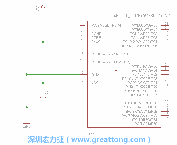 3.1.    新增微控制器晶片（RBBB → ATmega），把它放在電路原理圖的中央附近，把它的兩個(gè)接地接頭連接到接地訊號(hào)端。