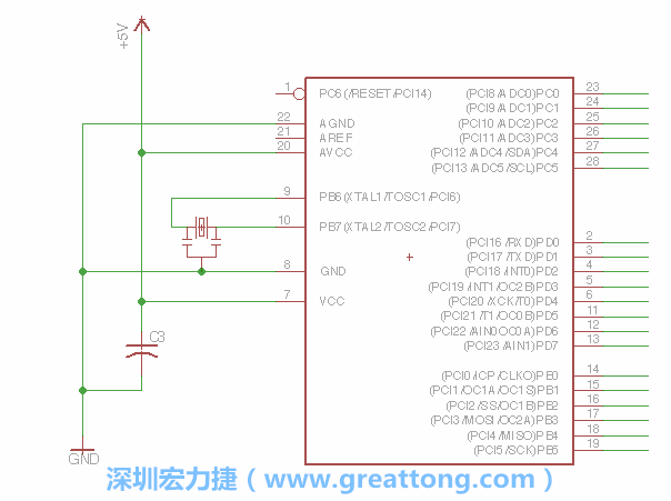 3.2.    在靠近ATmega的電源供應(yīng)針腳7的位置放置一個(gè)0.1μF的電容，將它分別連接電源、接地端和針腳7。