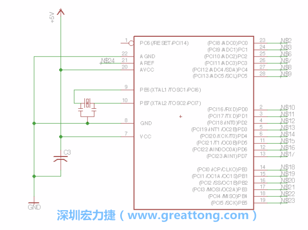 3.3.    將共鳴器（resonator）放置在針腳9和針腳10附近，將它的三個(gè)針腳連接如圖所示，并確認(rèn)最中間的針腳有連到接地端。