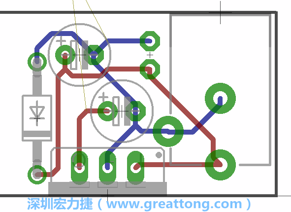 接地連結(jié)點(diǎn)的布線情形如下圖所示，利用這個(gè)練習(xí)來避免電路連線銳角化的產(chǎn)生是一個(gè)不錯(cuò)的選擇，你可以在工具列中的彎曲線路（Wire Bend）選項(xiàng)里改變各種布線的變化。