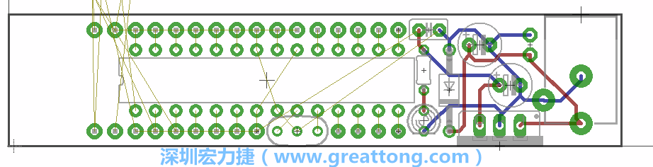 將ATmega微控制器、三個(gè)GPIO排針（JP2, JP3, JP4）和諧振器（resonator）排置如上圖所示。