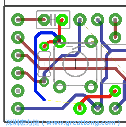 要在電路板正面進(jìn)行+5V信號(hào)線連結(jié)和其他連結(jié)點(diǎn)的布線工作是非常容易的，而重置信號(hào)線（信號(hào)線用來連結(jié)電路板正面左邊的重置開關(guān)）需要經(jīng)過一個(gè)可以通過電路板正反兩面的電路通道，這個(gè)通道是一個(gè)可以讓電路板正反兩面線路連接的一個(gè)小孔。