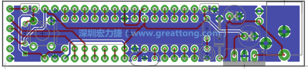 第二篇文章則帶領你進行電路板上的布線、連結(jié)點的配置，并利用「設計規(guī)則檢查（Design Rule Check）」測試你的設計，第二篇文章的電路板設計圖將如下所示：