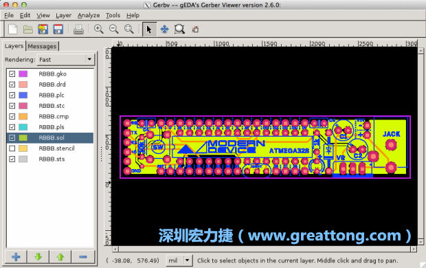 將圖層匯入你的Gerber預覽工具內(nèi)（下圖為Gerbv），我通常會從上到下重新排列它們的順序，好讓我比較好校對：