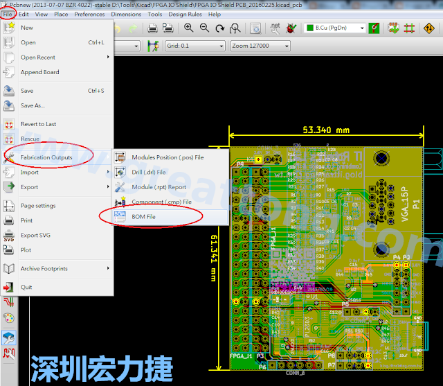 在Kicad的PCB Editor, 點選 File->Fabrication Outputs->BOM File, 即可產(chǎn)生一個 .csv 的Excel 檔案。