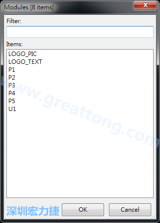 從目前正在編輯的PCB載入Module， 會顯示有那些項目可載入。點選一個， OK后即完成載入