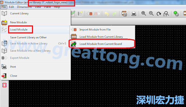 進入Module Editor去載入其他Footprint(Module)進來， 從目前的Active library (不過要先選取一個Current library ) 載入Module 或從目前正在編輯的PCB載入Module。