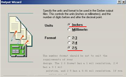 在上圖中選擇“Inches 2：5”，以確保資料精度，反之線寬、線距或孔有偏移現(xiàn)象