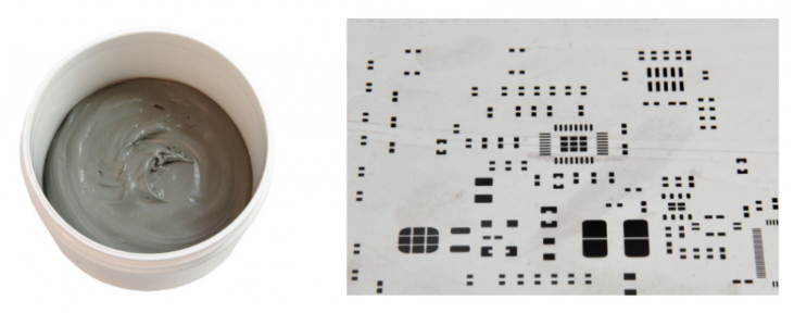 焊膏（左），PCB模板激光切割孔（右）